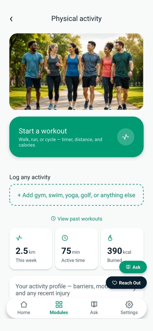 Moyo Health activity screen with a Start a workout button and weekly distance, active time and calories