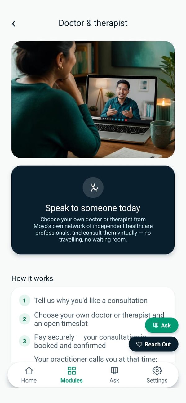 Moyo Health doctor and therapist screen showing how a virtual consultation works