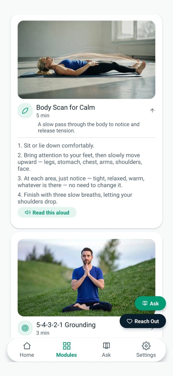 Moyo Health guided mindfulness exercises, including a body scan and a grounding exercise